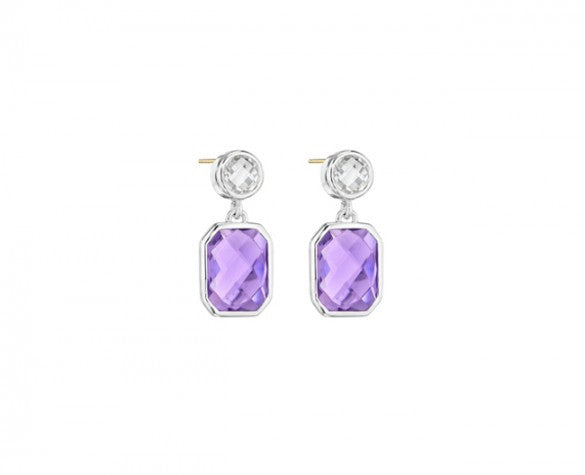 Etoiles Drop Earrings in Sterling Silver with Clear Quartz and Cushion-Cut Amethyst and 14K posts