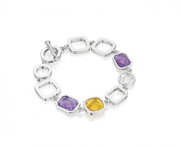 8 inch Etoiles Link Bracelet in Sterling Silver with Faceted Amethyst, Citrine and White Topaz and Toggle Closure