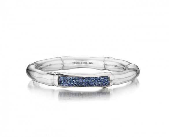 Sterling Silver 8mm Hinged Bamboo Bangle with blue Pave Sapphires