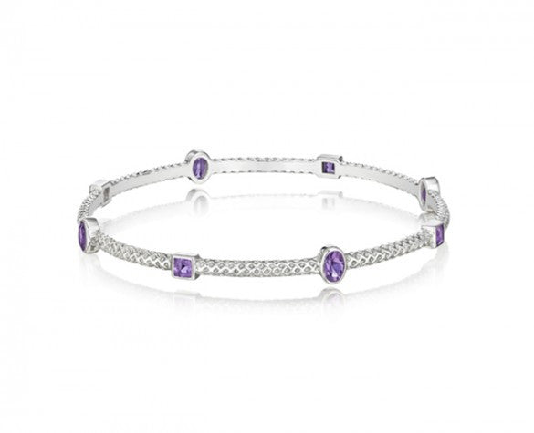 Sterling Silver Burlap 3mm Bangle with Faceted Square Amethyst