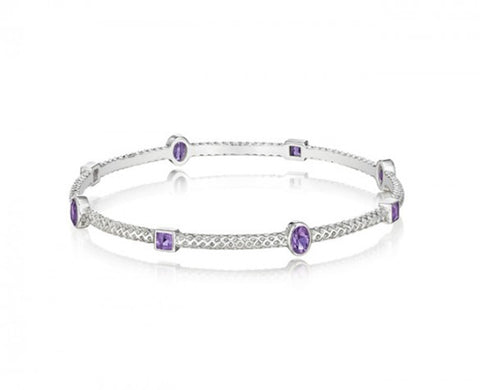 Sterling Silver Burlap 3mm Bangle with Faceted Square Amethyst