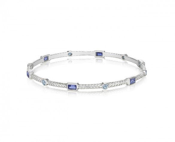 Sterling Silver Burlap 3mm Bangle with Faceted Baguette Iolite and Round Blue Topaz