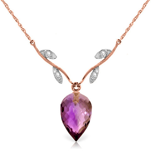 14KR Necklace with 0.02 ct of 4 Round Diamonds and an 9.50 ct Briolette Amethyst
