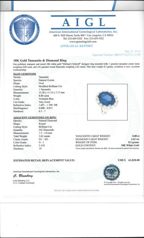 8.80 Tanzanite and 2.62 Diamond 18K White Gold Ring by Michael Christoff Appraisal