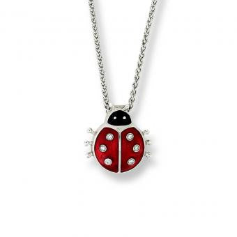 Enamel on Sterling Silver Ladybug Necklace-Red. Set with Diamonds.
