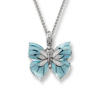 Vitreous Enamel on Sterling Silver Butterfly Necklace -Blue. Set with Diamonds.