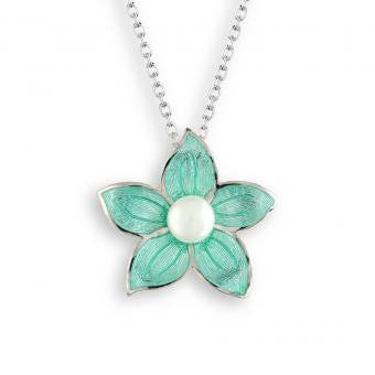 Vitreous Enamel on Sterling Silver Stephanotis Necklace-Turquoise with a Freshwater Pearl. 