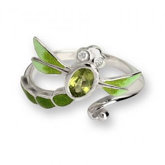 Enamel on Sterling Silver Dragonfly Ring-Green. Set with Diamonds and Peridot