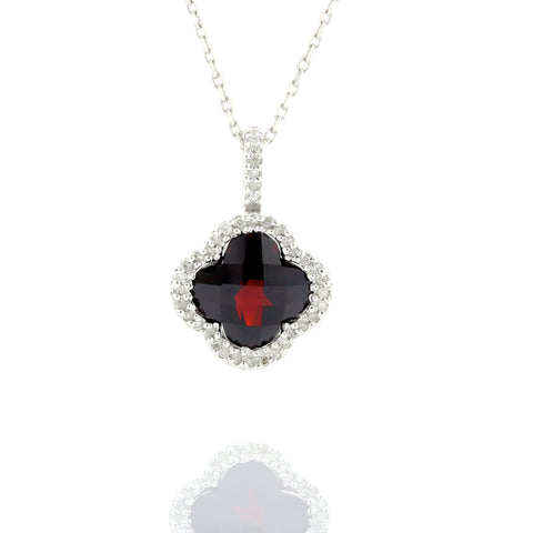 14KW 3.13 ct garnet necklace enveloped by 0.12ct in white diamonds