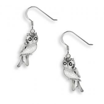 Vitreous Enamel on Sterling Silver Wire Earrings-Owl-Gray-White Sapphire.