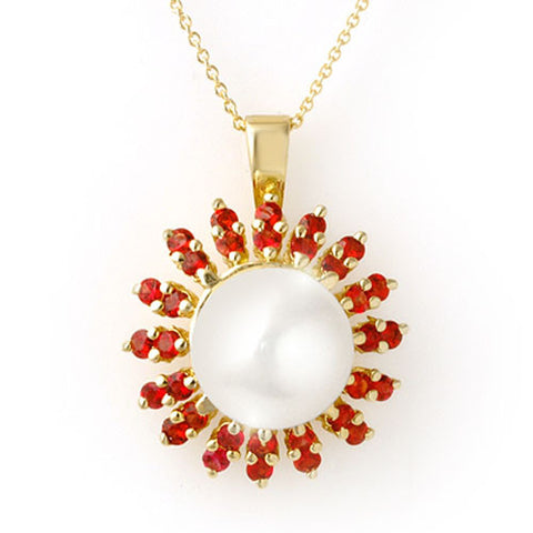 Natural Red Sapphire and Pearl 14K Yellow Gold Ladies Necklace