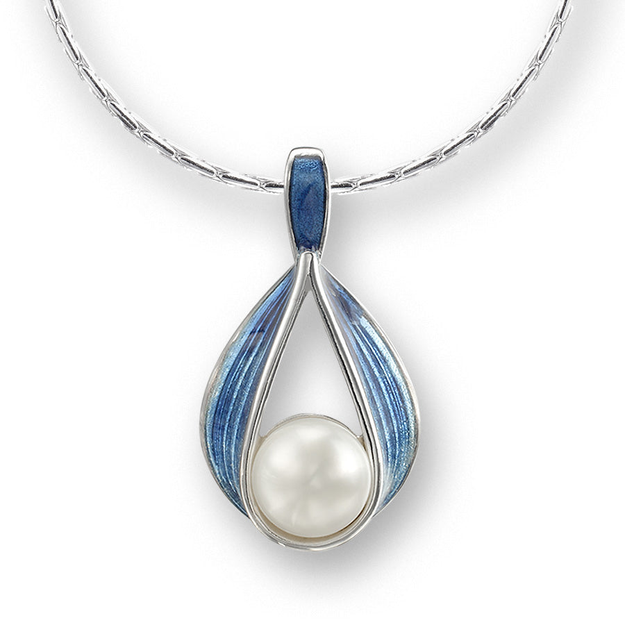 Enamel on Sterling Silver Blue Teardrop Ribbon with Pearl