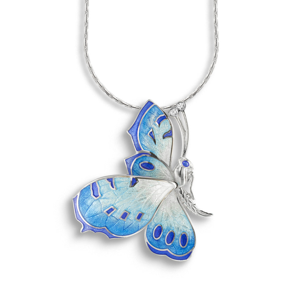 White Sterling Silver Butterfly Enamel Necklace With Round White Sapphires