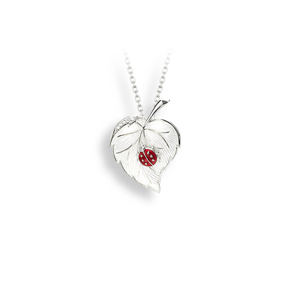 Ladybug Leaf Necklace with White Sapphires