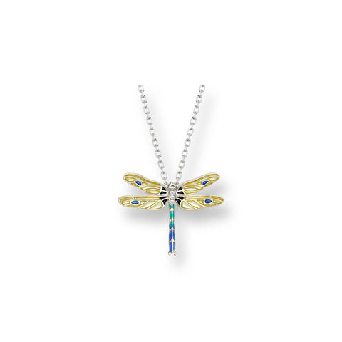 Enamel Sterling Silver Yellow Dragonfly Necklace with Blue and White Sapphires