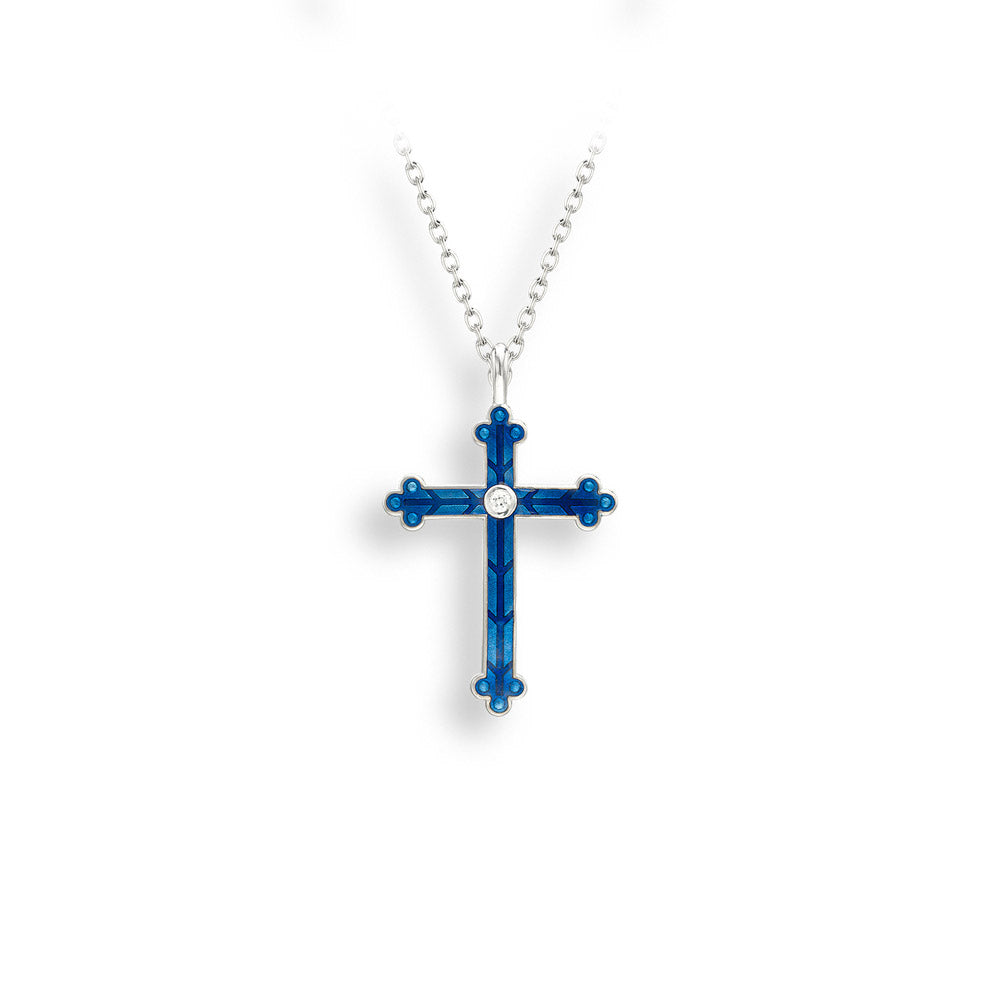 Sterling Silver Enamel Blue Cross Necklace with White Sapphire