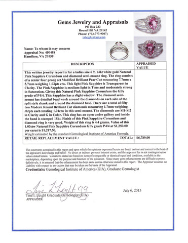 pink sapphire and diamond white gold ring appraisal