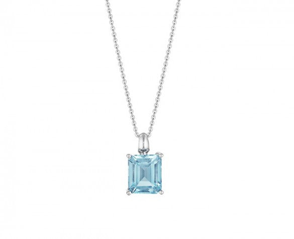 Emerald-cut Blue Topaz Pendant on 16 Inch slender chain in Sterling Silver