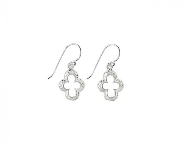 Quatrefoil Earrings in Sterling Silver on silver earwire with quilted texture drops 29mm long