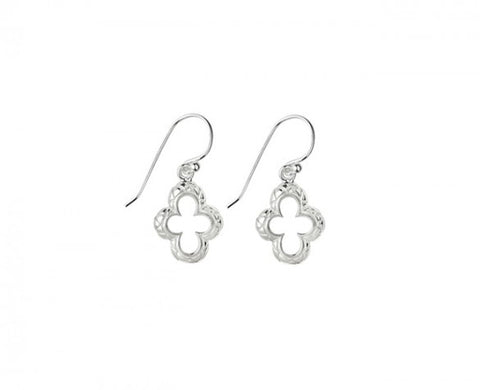 Quatrefoil Earrings in Sterling Silver on silver earwire with quilted texture drops 29mm long