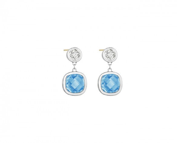 Etoiles Drop Earrings in Sterling Silver with Clear Quartz and Cushion-Cut Blue Topaz and 14K posts