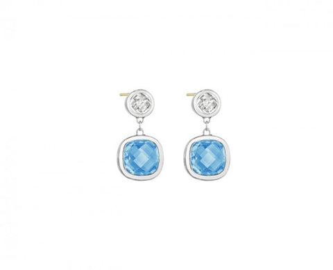 Etoiles Drop Earrings in Sterling Silver with Clear Quartz and Cushion-Cut Blue Topaz and 14K posts