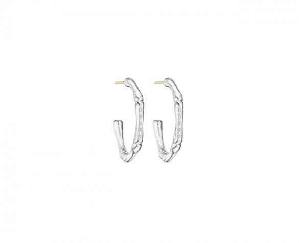 3mm Slender Bamboo Hoop earrings with Pave Diamonds and 14K posts