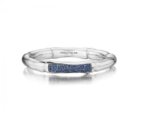 Sterling Silver 8mm Hinged Bamboo Bangle with blue Pave Sapphires