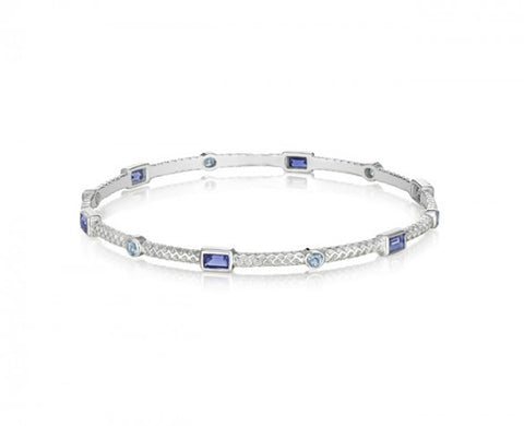 Sterling Silver Burlap 3mm Bangle with Faceted Baguette Iolite and Round Blue Topaz