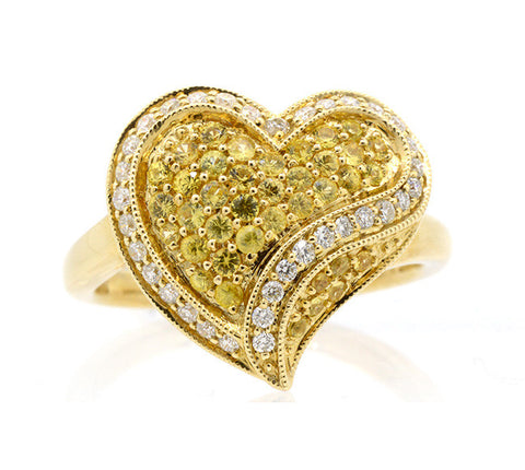 14K White Gold 0.45ct.tw. Yellow Sapphire 0.30 Diamond Heart Design Ring