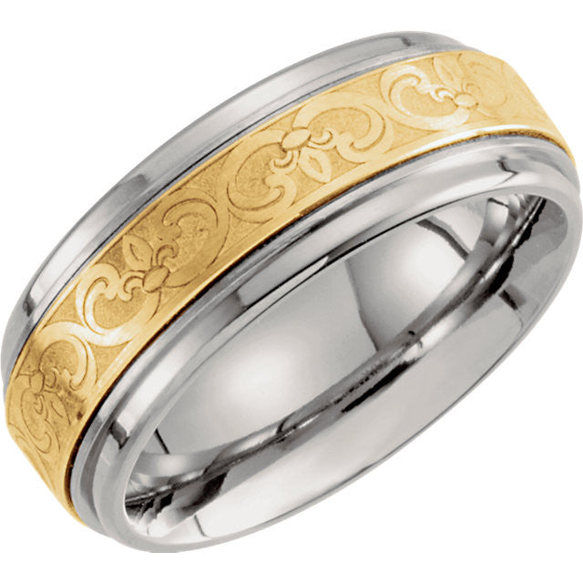 Men's Titanium and 10KY 8mm Two Toned Patterned Band