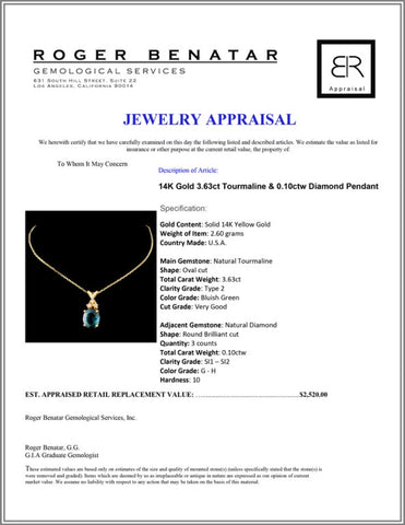 3.63ct Tourmaline and 0.10ctw Diamond 14K Yellow Gold Pendant Appraisal