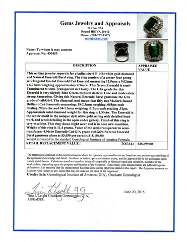 4.96 ct Emerald and 1.50 ctw Diamond 14K White Gold Ring Appraisal