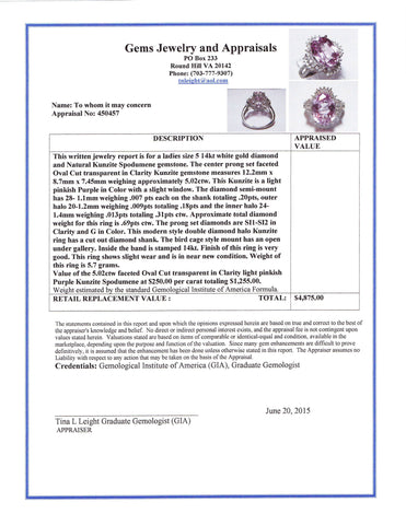 5.02 ct Kunzite and 0.69 ctw Diamond 14K White Gold Ring by Michael Christoff Appraisal