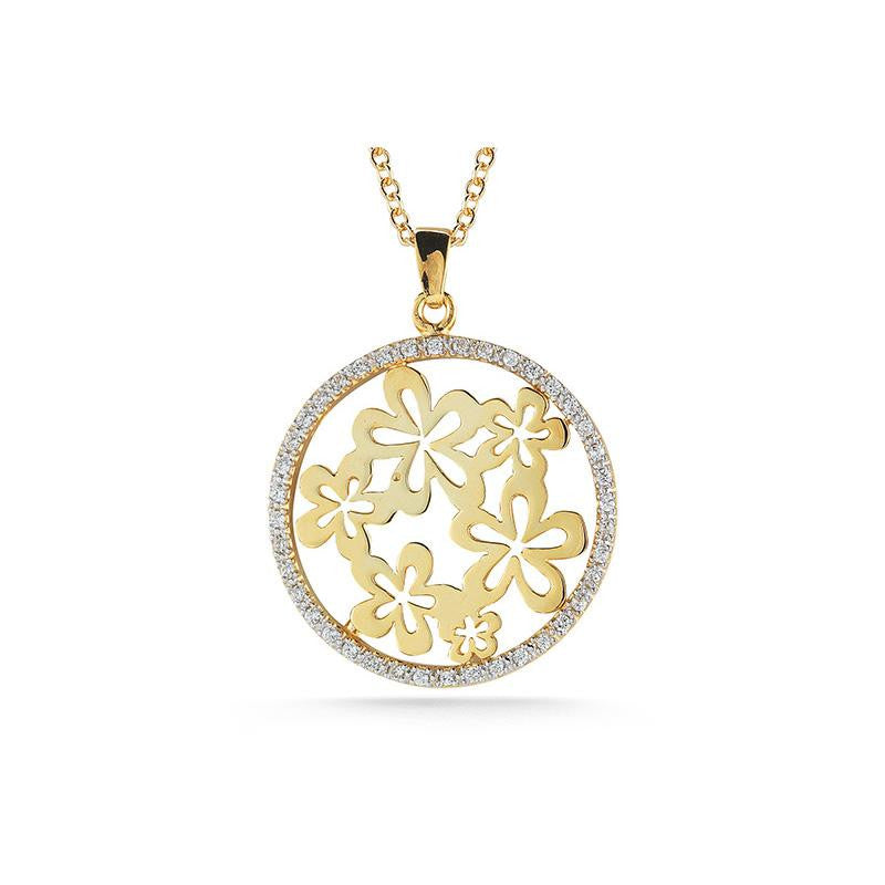 14KY POLISH FINISH PENDANT WITH FLOWER MOTIFS SURROUNDED BY 0.35 CT OF PAVE DIAMONDS