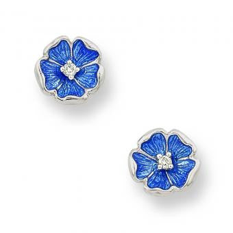 Vitreous Enamel on Sterling Silver Rose Stud Earrings-Blue. Set with Diamonds.