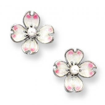 Enamel on Sterling Silver Dogwood Stud Earrings-White. Set with Pinkish Akoya Pearls