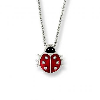 Enamel on Sterling Silver Ladybug Necklace-Red. Set with Diamonds. 