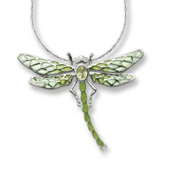 Plique-a-Jour Enamel on Sterling Silver Dragonfly Necklace-Green. Set with Diamonds and Peridot. 
