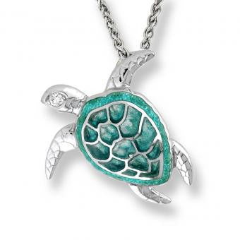 Plique-a-Jour Enamel on Sterling Silver Sea Turtle Necklace-Green. Set with Diamonds.