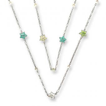 Stephanotis Necklace -White, Yellow, Green, Turquoise. Set with Freshwater Pearls. 