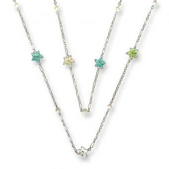 Stephanotis Necklace -White, Yellow, Green, Turquoise. Set with Freshwater Pearls.