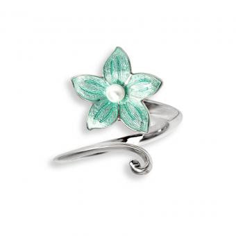 Enamel on Sterling Silver Stephanotis Ring with Freshwater Pearl