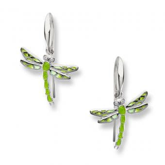 Sterling Silver Dragonfly Wire Earrings -Green. Set with Diamonds.