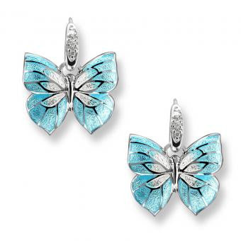 Vitreous Enamel on Sterling Silver Butterfly Wire Earrings -Blue. Set with Diamonds.