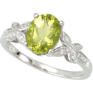 14KW Peridot and 0.06 ctw Butterfly Diamond Accented Ring