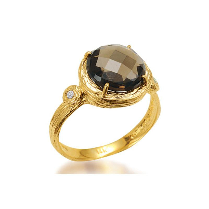 14KY MATTE-FINISHED AND TEXTURED SMOKEY TOPAZ RING WITH 0.03 CT OF DIAMONDS