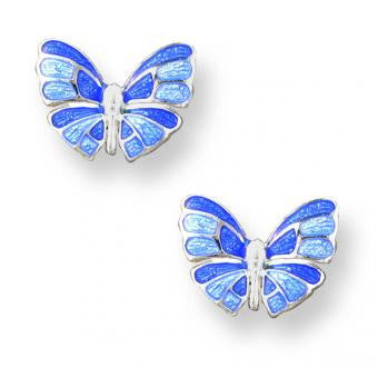 Vitreous Enamel Sterling Silver Butterfly Stud Earrings-Blue. 