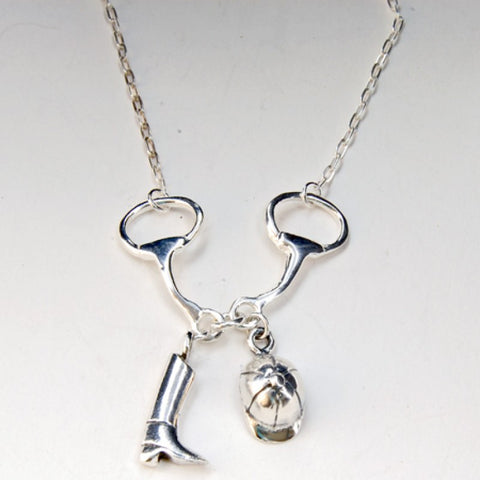 Sterling Silver Equestrian Necklace with Riding Boot and Cap and Snaffle Bits