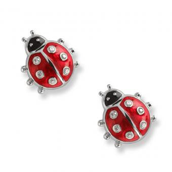 Enamel on Sterling Silver Ladybug Stud Earrings-Red. Set with Diamonds.